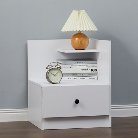 Urban Style Wooden Bedside Table with Drawers and Open Shelves, White (1/5)