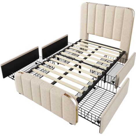Gepolstertes Einzelbett 90 x 200 cm beige in Leinenoptik, 4 Schubladen, USB/Type-C-Kopfteil (1/5)