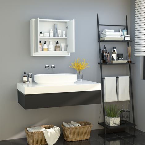Armario con espejo de pared para baño con 2 estantes, Dimensiones: 48 cm de largo x 14 cm de ancho x 45 cm de alto, Tablero de partículas MDF blanco (1/5)