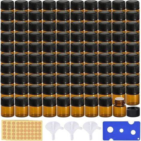 Mini Bouteilles Huiles Essentielles 100pcs 1ml, Verre Brun Autocollant Entonnoir, Aromathérapie Massage (1/5)