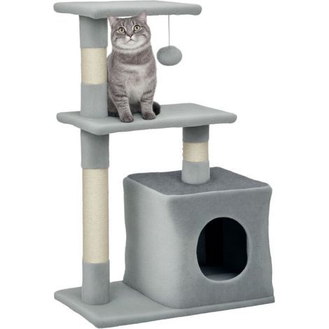 Cat tree play tower for cats, sisal posts, 2 platforms, cat cave, ball, plush fabric, 50x30x81.5cm, grey (1/5)