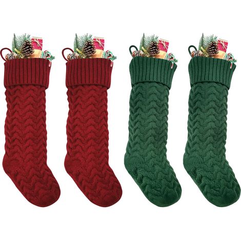 4 calcetines navideños de punto con presillas para colgar, en colores burdeos y marfil, para decorar la chimenea o el árbol de Navidad. (1/5)