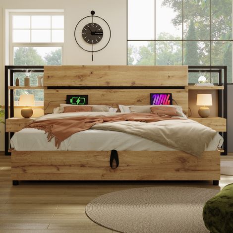 Bett Doppelbett 180x200 cm aus MDF und Metall, Eichenfarbe, mit Stauraum-Kopfteil und USB/Type-C-Ladestation (1/5)