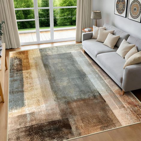 Tapis Salon Marron Gris 120x180cm Tapis Lavable en Machine et Antidérapant Tapis Abstrait Vintage à Poils Courts pour Salon, Chambre, Salle à Manger et Bureau (1/5)