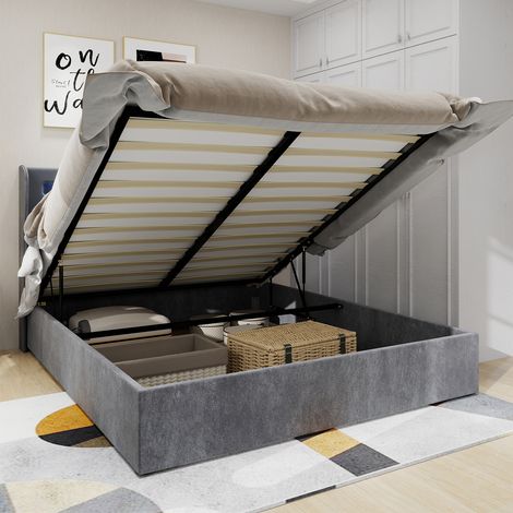 Letto contenitore per adulti 160x200 cm, letto matrimoniale, testiera LED, rete a doghe imbottita, materasso non incluso, MDF, grigio