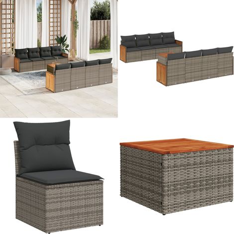 9-tlg. Garten-Sofagarnitur mit Kissen Grau Poly Rattan - Gartensortiment - Gartenmöbelset - Rattan Möbel - Outdoor Möbel - Lounge Set - Home & Living (1/5)