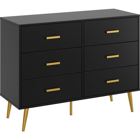 Commode 6 tiroirs moderne noir 40x106x85 cm, bois et acier poignées dorées, tiroirs profonds pour chambre salon entrée (1/5)
