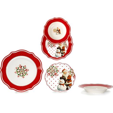 Servizio di Piatti natalizio per 6 Persone 18 pezzi in porcellana bordi smerlati decorazioni babbo natale pupazzo di neve rosso per una tavola particolare ed elegante idea regalo