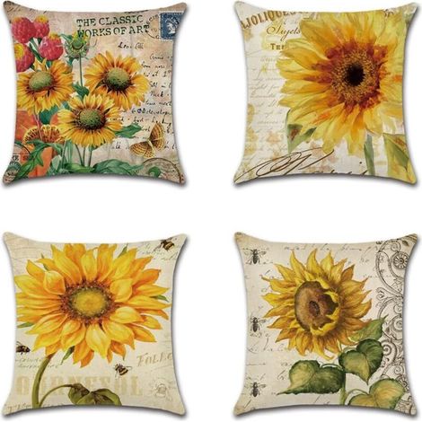 Fodera per cuscino 45 x 45 cm con motivo fiori, uccelli, animali e piante, impermeabile, per divano, soggiorno, camera da letto, decorazione per la casa, 4 pezzi (Girasole)