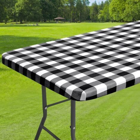 Nappe rectangulaire vichy noir et blanc en vinyle Bords élastiques Imperméable et facile à nettoyer Pour tables 109-142 cm (1/4)