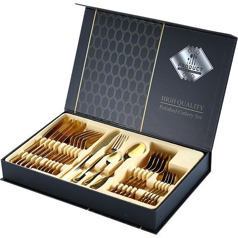 Ensemble cadeau de couverts en acier inoxydable de style western : couteau à steak, fourchette et cuillère. (1/5)
