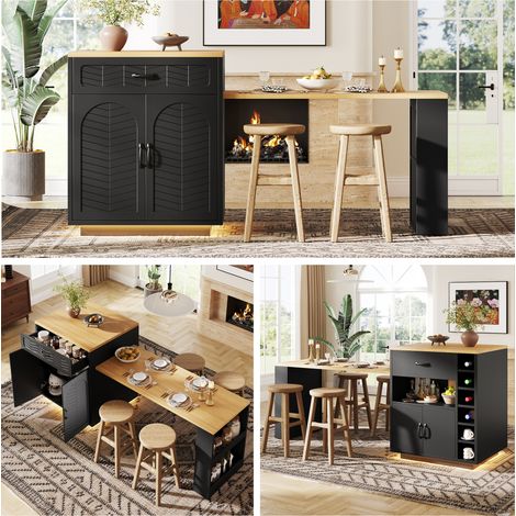 Pour cuisiniers et hôtes, solution modulable et pratique : îlot de cuisine avec table extensible et casier à vin (1/5)