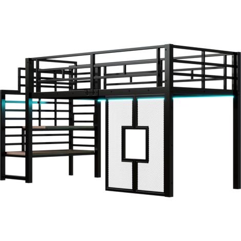 Cama alta metálica 90 x 200 cm negra con escalera, almacenaje, LED y ventanas (1/5)