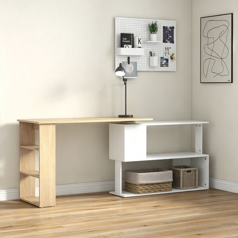 Bureau d'angle bureau informatique modulable bibliothèque intégrée + étagère 3 niveaux blanc et bois naturel (1/5)