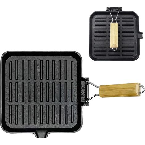 Poêle À Griller - Fonte Carrée 20x20cm - Bec Verseur Et Poignée Bois Pliable - Compatible Induction Gaz Électrique (1/5)