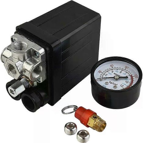 4-Wege-Druckschalter für 175-psi-Luftkompressor, Druckregler, Sicherheitsventil aus Aluminiumlegierung, komplett schwarze Halterung (1/5)
