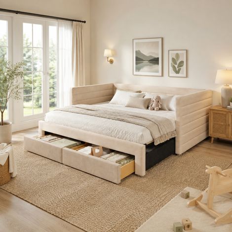 Sofá cama convertible 90x190 cm en tejido beige, para salón, sin colchón FloraGrace (1/5)