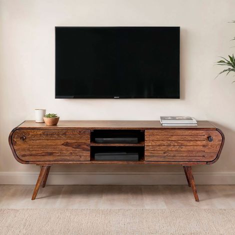 Meuble TV 2 portes 2 niches 160x45x50 cm en sheesham massif marron