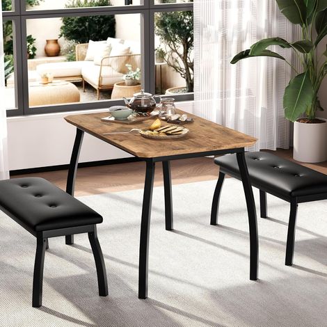 Ensemble de Salle à Manger 4 Places, Table Rectangulaire 110 cm avec 2 Bancs Rembourrés, Plateau Bois et Cadre Métal, Style Industriel, Brun (1/5)