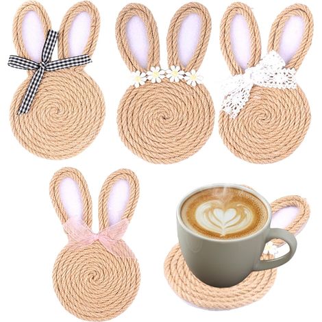Ensemble de 4 sous-verres rustiques tissés, motif lapin de Pâques printanier Sous-verres lapin pour table basse – pour cuisine, salon, ferme, bureau, fête, boissons et tasses (1/5)