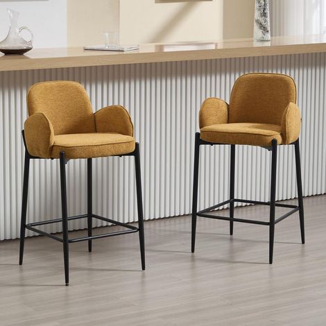 Barhocker 2er Set mit Armlehne aus Chenille, gepolstert, Metallbeine, Gelb (1/5)