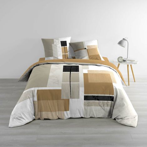 Parure de lit 3 pièces 240 x 220 cm QUADRO Miel – Imprimé géométrique (1/4)