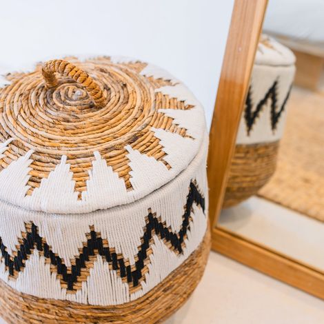 Panier à linge avec couvercle rond tressé style bohème motif coton - 3 tailles (33/43/55 cm) - PANGIVO