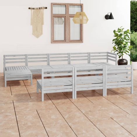 Salon de jardin 10 pcs Ensemble Table et Chaise de Jardin - Blanc Bois de pin massif BV454238 - BonneVie (1/5)