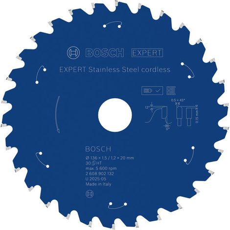 Bosch EXPERT Stainless Steel Circular Saw Blade 136 x1.5/1.2x20mm T30 2608902132 (1/4)
