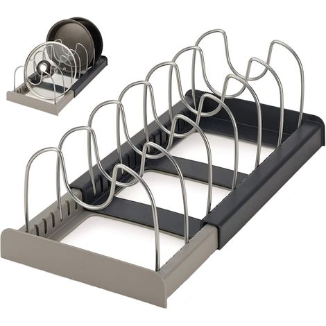 Support pour couvercles, casseroles, assiettes, hachoirs de cuisine, 7 compartiments, télescopique et réglable, antidérapant, garde la cuisine bien rangée, noir/gris (1/5)
