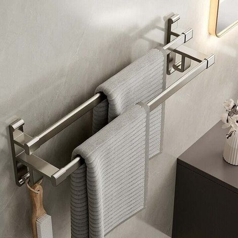 Porte-Serviettes Salle De Bain - Aluminium Auto-Adhésif - Double Bras - 50 Cm - Sans Perçage - Pour Carrelage Verre Miroir - 1 Pièce (1/5)