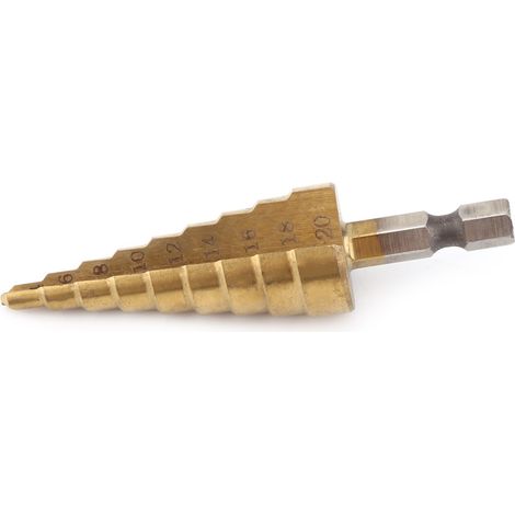 1 HSS-Stufenbohrer mit Titanbeschichtung, Sechskantschaft, 4–20 mm (1/5)