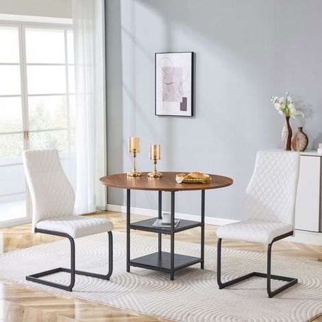 DESMIU Table de salle à manger ronde avec 2 niveaux de rangement et 2 chaises, pour salle à manger, en MDF et métal, blanc et noyer (1/5)