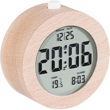 Digitaler Wecker, Holz, batteriebetrieben, Nachtlicht, Uhrzeit/Datum/Temperatur, 4 Zoll, rund. (1/5)