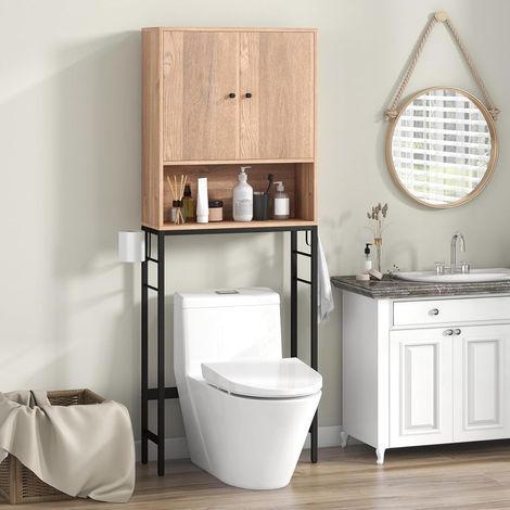 GOPLUS Meuble WC Au-Dessus des Toilettes, Meuble de Salle De Bain avec Armoire à Double Porte, Compartiment Ouvert, Etagère Réglable, Barre Inférieure, pour Buanderie, 63x23x165,5cm (Naturel)