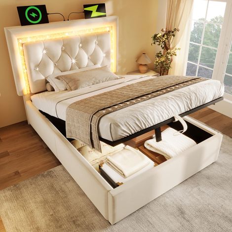 , Lit simple capitonné en velours 90x200cm avec bande LED en forme de diamant dans la tête de lit, station de charge USB et Type-C, coffre de lit hydraulique avec espace de rangement... (1/5)