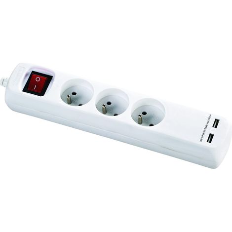 Bloc multiprise avec interrupteur 3 prises 2P+T et 2 prises USB 5V DC 1,4m