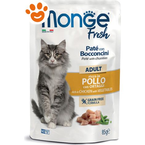 Monge Fresh Cat Adult Paté con Bocconcini Ricco in Pollo con Ortaggi - Bustina 85 Gr - Cibo Umido Gatti
