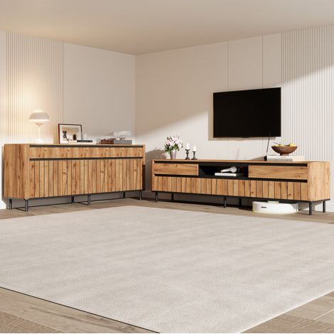 Mueble TV de 4 puertas 180 x 40 x 52 cm con aparador 160 x 40 x 73 cm natural y negro OKMYHOME (1/5)