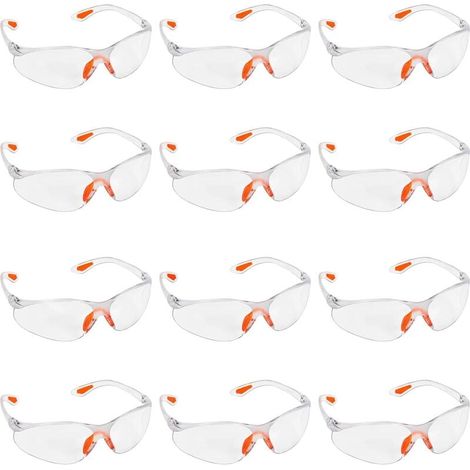 Paquete de 12 gafas de seguridad transparentes: gafas protectoras con lentes de plástico, puente nasal y patillas de goma para mayor comodidad. Gafas transparentes EPI. (1/5)
