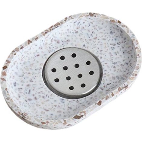 Porte-savon en terrazzo, porte-savon en pierre naturelle, beige avec bonde en acier inoxydable pour salle de bain, lavabo et cuisine (1/5)