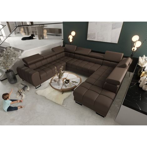Wohnlandschaft Schlafsofa BASTIEN XL in Stoff Terra Braun Ottomane Rechts