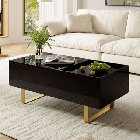 Table basse réglable en hauteur, table basse de rangement en MDF finition brillante, table basse avec tiroir et pieds en fer, table de salon moderne (1/4)