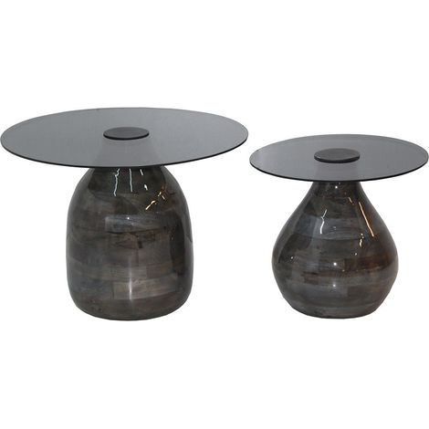 SALIM - Lot de 2 Tables Basse en Verre Fumé Noir Piètement en Manguier Vernis Gloss (1/3)