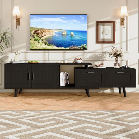 Meuble TV extensible 180 cm, Banc TV avec 2 Portes et 2 Tiroirs, imitation rotin PVC, rangements et pieds bois，Pour TV jusqu'à 75,noir (1/5)
