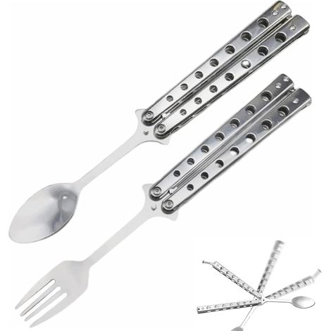 Ensemble de deux couverts pliants Spork (cuillère-fourchette) de type papillon — Couverts pliants en acier inoxydable pour barbecue, voyages, camping et activités de plein air (1/5)