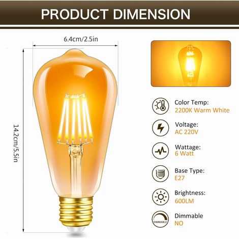 Confezione da 2 lampadine Edison vintage E27 LED 6W, vetro ambrato, bianco caldo 2200K, equivalente a 60W a incandescenza, 600LM, CA 220V, non dimmerabili, filamento retrò ST64, decorative per casa, b (1/4)