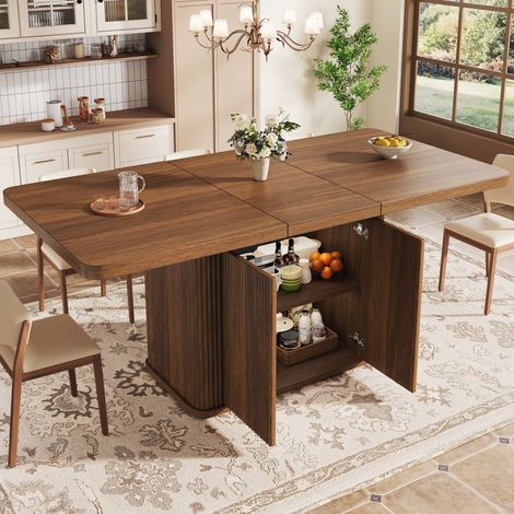 Table à manger extensible 140-180x80x76.5cm avec rangement caché, plateau coulissant et façades rainurées, effet bois brun foncé (1/5)