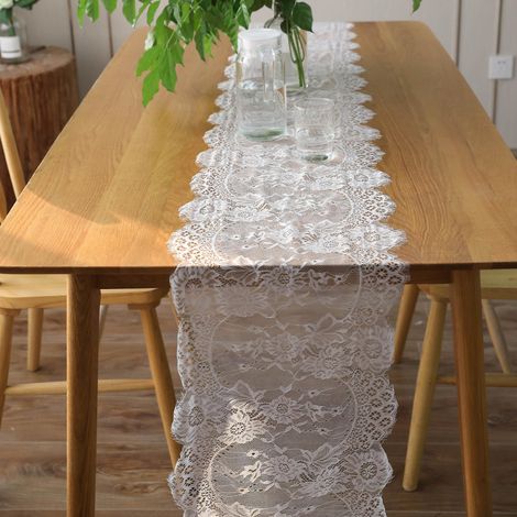 Weiße Spitzentischdecke 35 x 300 cm, bestickte Spitze, rustikale Hochzeitsdekoration, Vintage-Stil, Tischdekoration für Sommerhochzeiten im Freien (1/5)
