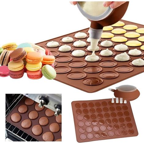 Macarons Tapis de Cuisson Ensemble de Moules en Silicone 48 Capacités Anti-adhérent Plateau de Cuisson avec Stylo de Décoration et 4 Bus pour Macaron, Cupcake, Dessert (1/5)